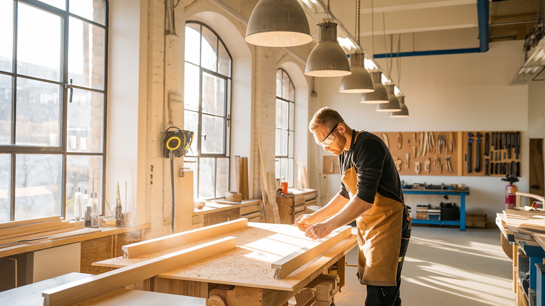 Schreiner arbeitet an einem Holzmöbelstück in heller Werkstatt