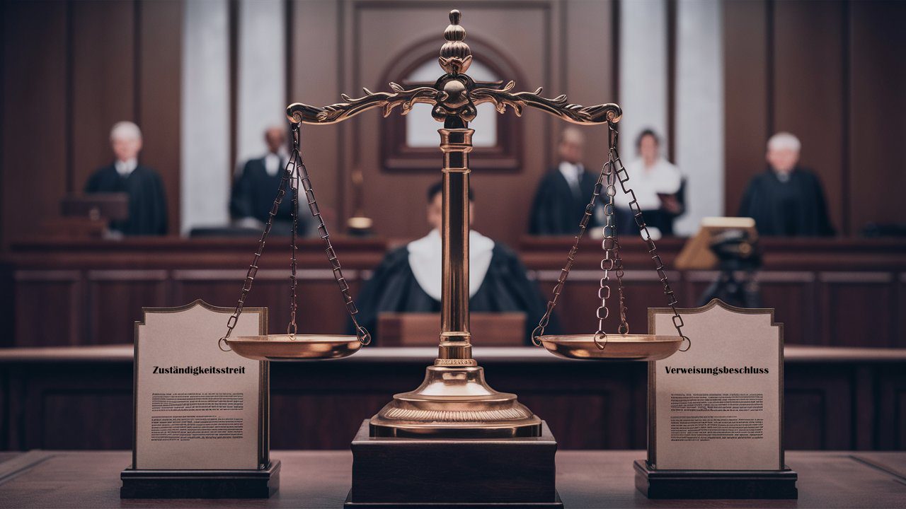 Justizwaage im Gerichtssaal mit Richtern im Hintergrund.