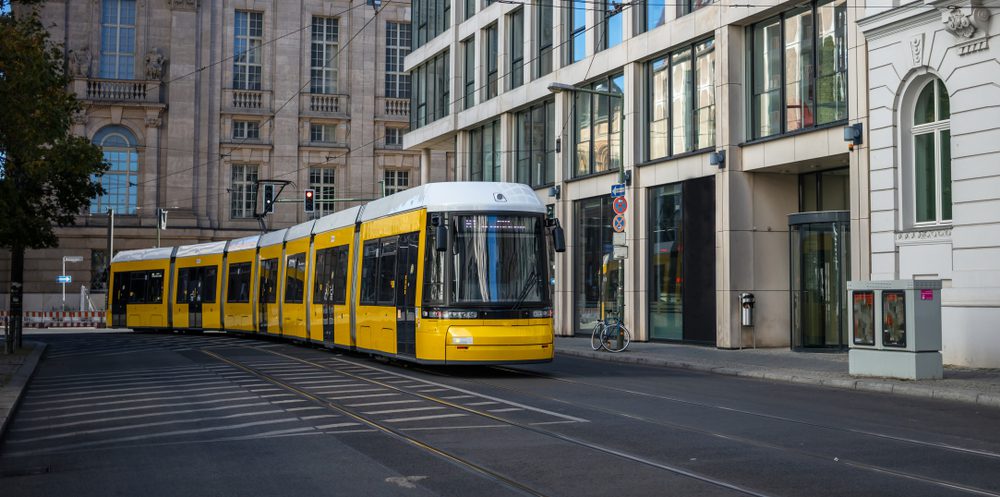 Public,Transportation,Concept.,Yellow,Electric,Tram,Travels,At,Berlin's,Town, Straßenbahn