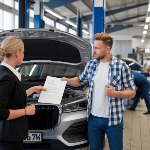 In a German auto repair shop, a frustrated driver stands next to his repaired vehicle, looking at a document from the insurance company. A politely distant insurance employee points to a contract clause, while in the background, workshop staff are working on other cars.