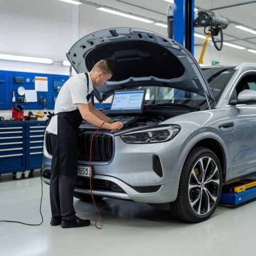 Mechaniker führt Messung an Diesel-PKW in Werkstatt durch