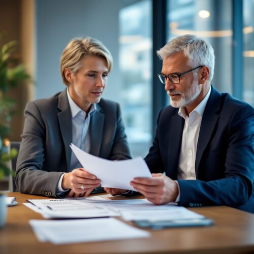Versicherungsberater erklärt Kunden Rentenversicherungsunterlagen im Büro