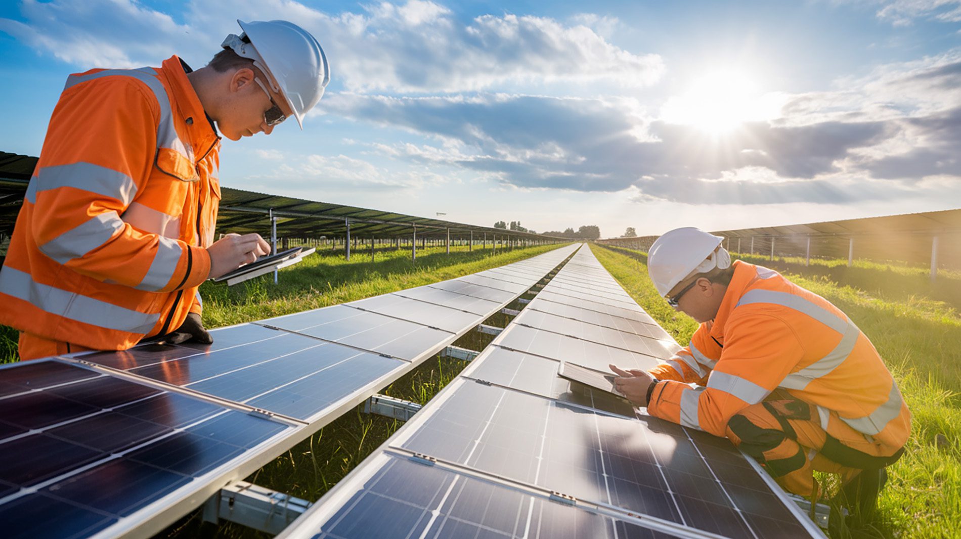 Zwei Techniker in Warnwesten inspizieren Solarpanele in einem großen Solarpark