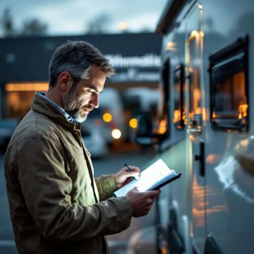 Kunde untersucht mit Taschenlampe Mängel an neuem Luxuswohnwagen