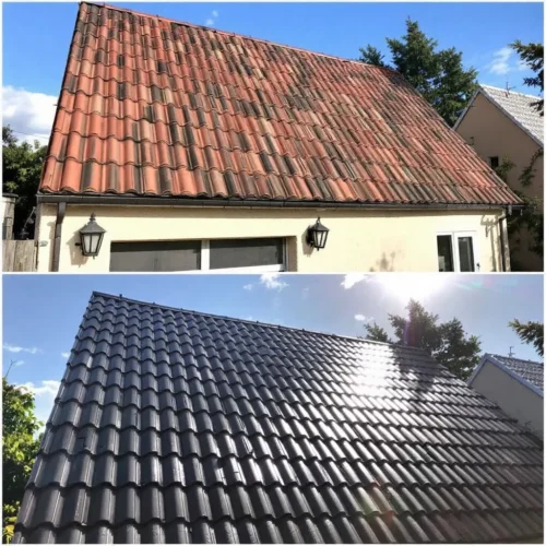 Vergleichsansicht zwischen matt-traditionellen und neuen hochglänzenden Dachziegeln zweier Nachbarhäuser