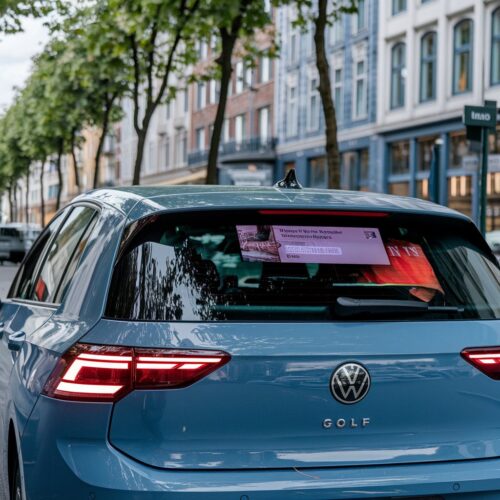Carsharing-Auto mit digitalem Werbedisplay in der Heckscheibe auf Hamburger Straße