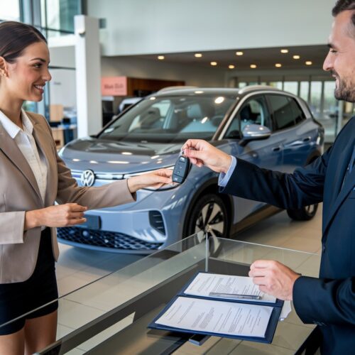 Verkäufer übergibt Autoschlüssel an Kundin im VW-Autohaus