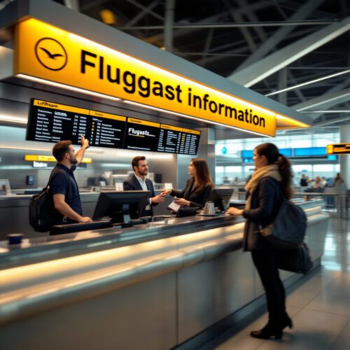 Servicemitarbeiter erklärt Passagieren Situation an Flughafen-Serviceschalter