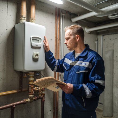 Gasableser vergleicht verwirrt Zählerstand mit alter Dokumentation im Heizungskeller