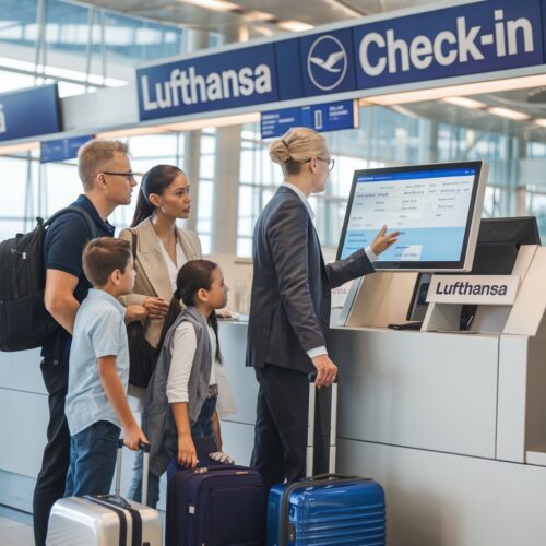 Familie erfährt am Lufthansa Check-in-Schalter von Umbuchung in Economy-Class