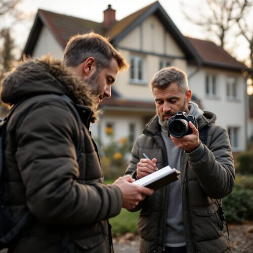Immobiliengutachter fotografiert und dokumentiert Mehrfamilienhaus für Bewertung