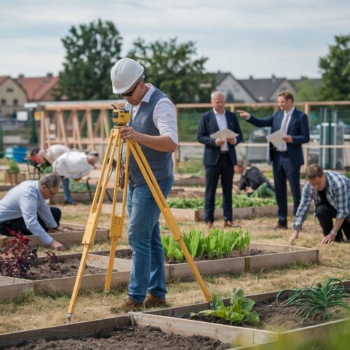 Vermessungstechniker und Stadtbeamte vermessen Parzellen in Kölner Kleingartenanlage