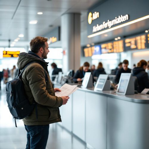 Fluggast erklärt Stornierung am Airline-Schalter im Terminal