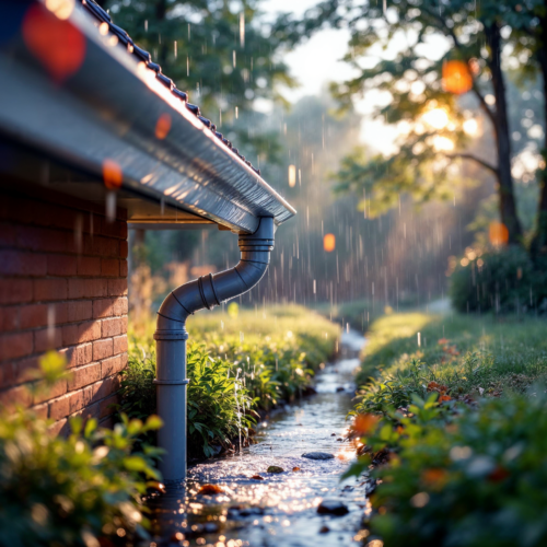 Regenrinne leitet Wasser über Grundstücksgrenze in kleinen Bach