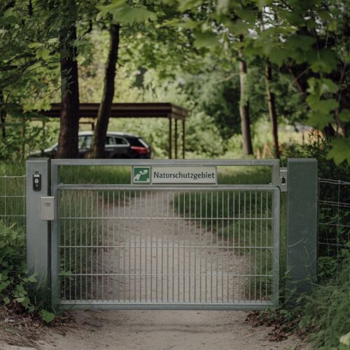 Verschlossenes Metalltor versperrt Zufahrtsweg durch Naturschutzgebiet zum Carport