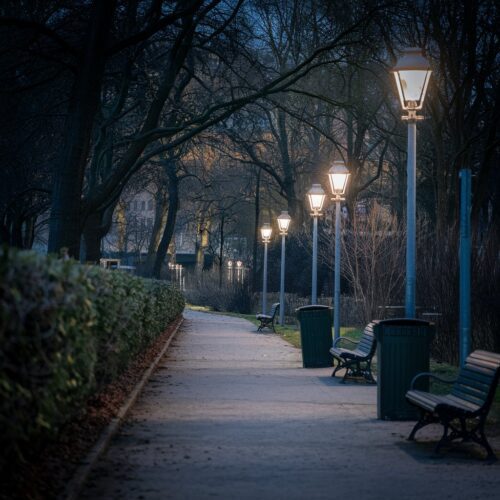 Schwach beleuchteter Parkweg mit Laternen zwischen Büschen und Bäumen
