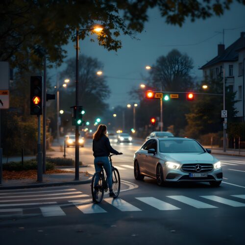 Frau schiebt Fahrrad über Zebrastreifen während Auto sich mit Grünpfeil nähert