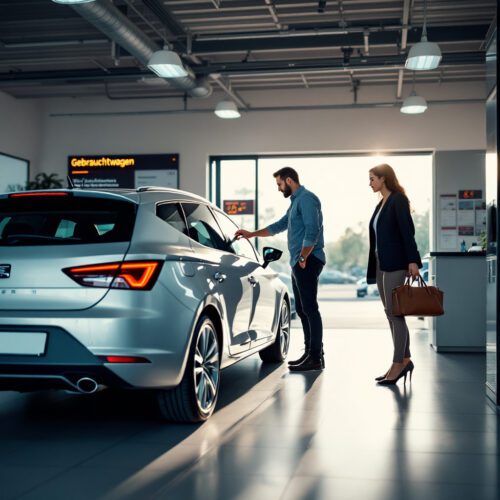 Mann inspiziert Heckpartie eines SEAT Leon im Autohaus