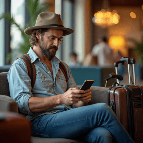 Tourist prüft Bankbenachrichtigungen auf Smartphone im Hotelfoyer