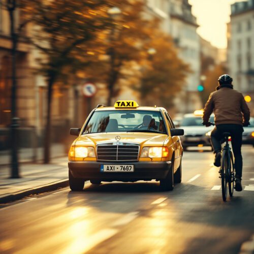 Hamburger Taxi setzt vom Bordstein zum Anfahren an während Radfahrer sich nähert