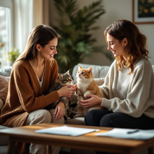 Verkäuferin übergibt zwei Katzen an Käuferin im Wohnzimmer mit Kaufvertrag