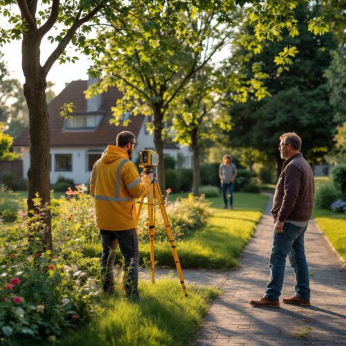 Vermessungstechniker misst Abstand zwischen Trompetenbäumen und Grundstücksgrenze