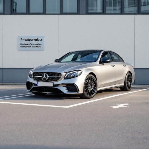 Silberner Mercedes parkt unbefugt auf markiertem Privatparkplatz mit Verbotsschild