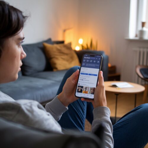 Person scrollt besorgt durch Facebook-App auf Smartphone im Wohnzimmer