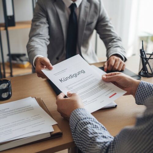 HR-Manager übergibt Mitarbeiterin Kündigungsschreiben am Schreibtisch im Büro