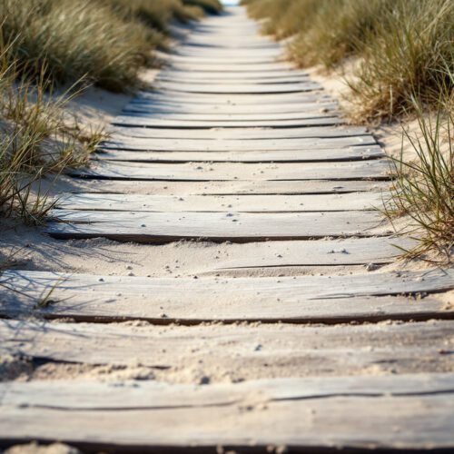 Holzbohlenweg durch Dünen mit leichten Höhenunterschieden zwischen Planken