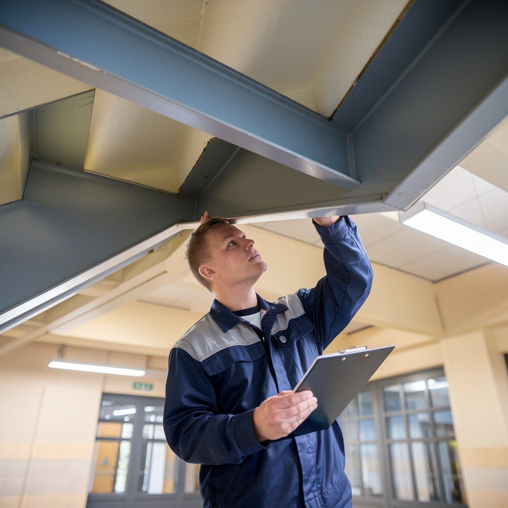 verkehrssicherungspflicht-schulunfall-schmerzensgeld Hausmeister untersucht scharfkantige Metallkanten unter Schultreppe