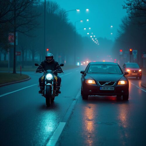 PKW übersieht Motorradfahrer beim Einfahren in Kreisverkehr bei Morgendämmerung