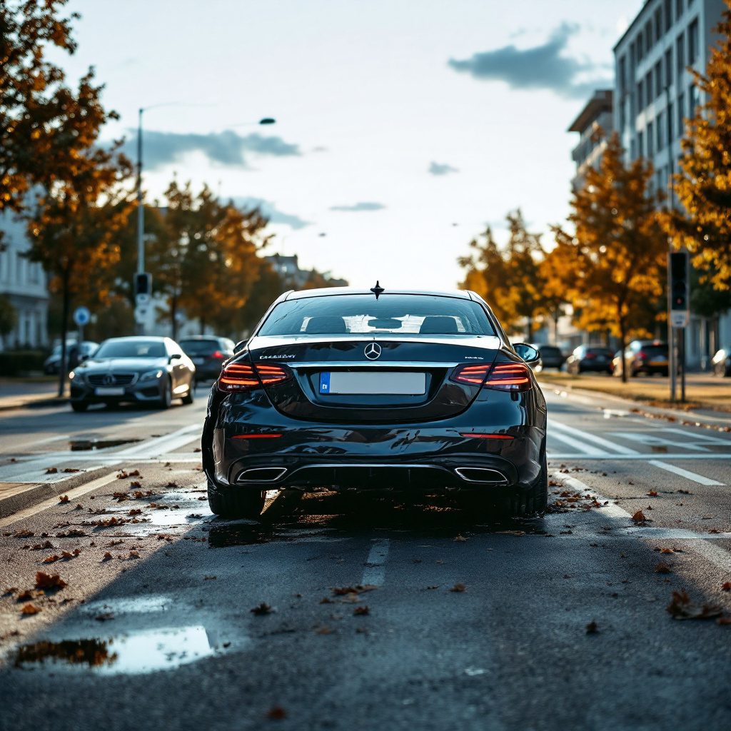 verkehrsunfall-nutzungsausfallentschaedigung-reparaturdauer Mercedes mit Heckschaden nach Auffahrunfall steht am Straßenrand