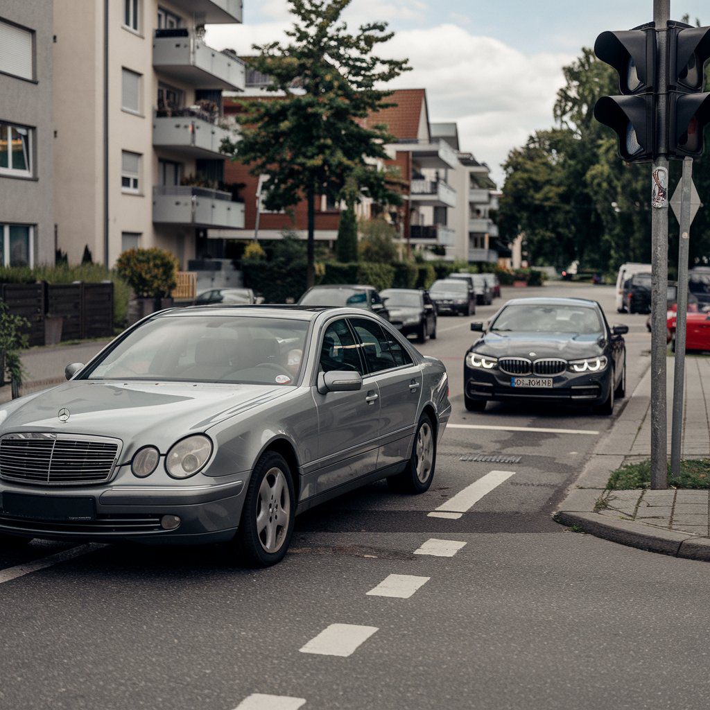 verkehrsunfall-schmerzensgeld-beckenbruch Stehendes Auto vor roter Ampel, schnell heranfahrendes Fahrzeug von hinten