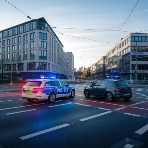 Polizeiwagen nähert sich roter Ampel während PKW bei Grün einfährt