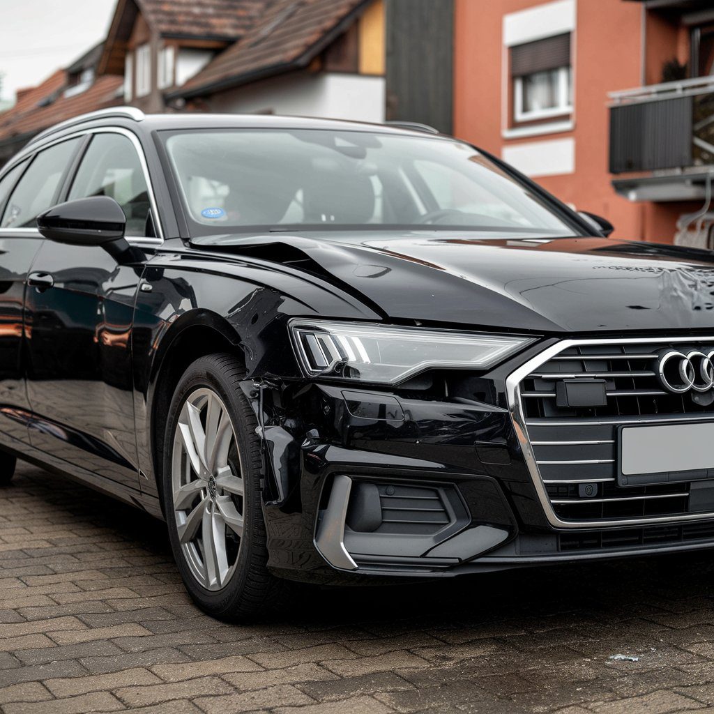 verkehrsunfall-wiederbeschaffungswert-restwert Beschädigter schwarzer Audi A6 mit Frontschaden steht am Straßenrand