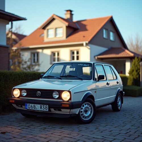 Älterer, beschädigter VW Golf in einer Auffahrt; Sachverständigengutachten auf dem Armaturenbrett, Versicherungshinweise sichtbar.