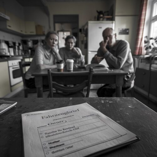 Fahrzeugbrief auf Küchentisch, besorgte Betreuer schauen auf das Dokument.