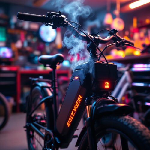 Rauch steigt aus überhitztem E-Bike-Akku in Fahrradwerkstatt auf