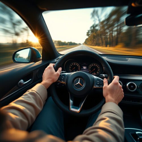 Beifahrerhand greift nach Lenkrad eines fahrenden Mercedes auf Landstraße