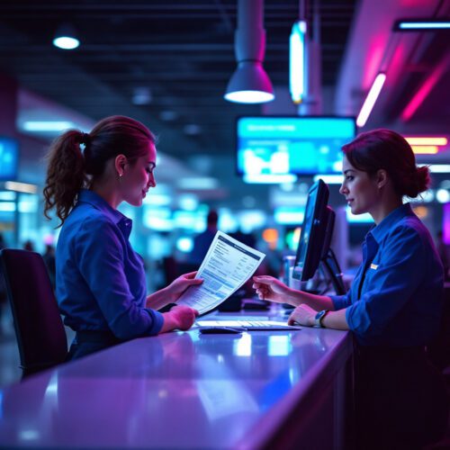 Fluggast bespricht Ticketstornierung am Serviceschalter der Fluggesellschaft