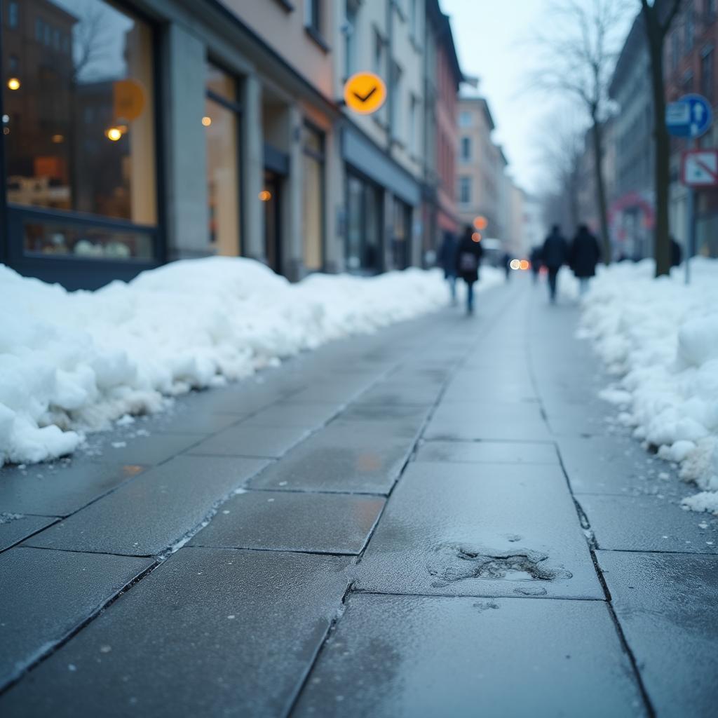 freepik__candid-image-photography-natural-textures-highly-r__87476 Eingeschränkte Winterdienste in einer Fußgängerzone; dunklerer, glitschiger Fleck auf dem grauen Boden deutet auf Sturzgefahr hin.