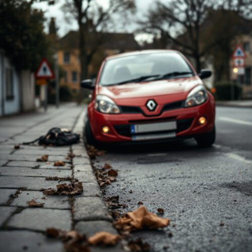 Renault Twingo leicht beschädigt, unauffällige Handtasche am Straßenrand, ruhige Wohnstraße in Schweinfurt.