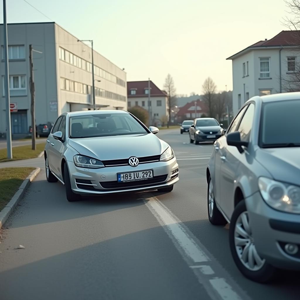 kollision-betriebsgelaende-bevorrechtigtes-fahrzeug Silberner Volkswagen Golf und grauer Opel Astra nach einem Zusammenstoß an einer Fabrikeinfahrt in Saarbrücken.