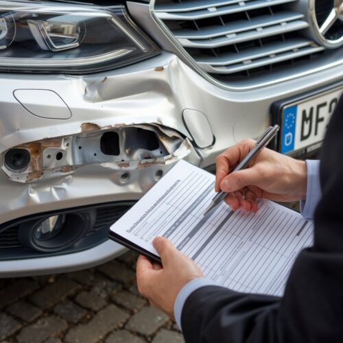 KFZ-Mechaniker begutachtet Fahrzeugschaden in Werkstatthalle