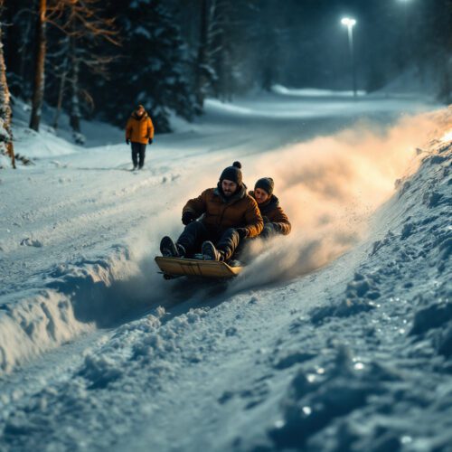 Zwei Personen auf Holzschlitten nähern sich nachts einem Fußgänger auf Rodelbahn