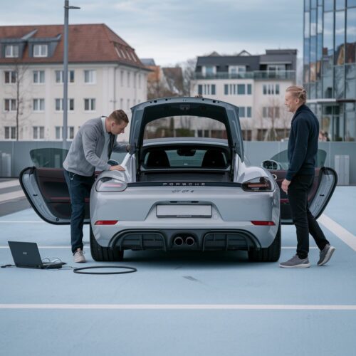 Porsche Cayman GT 4 auf Parkplatz während Rückfahrkamera-Installation.