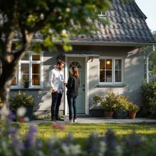 Hausinteressent begutachtet Fassadenplatten während Besichtigung eines Einfamilienhauses
