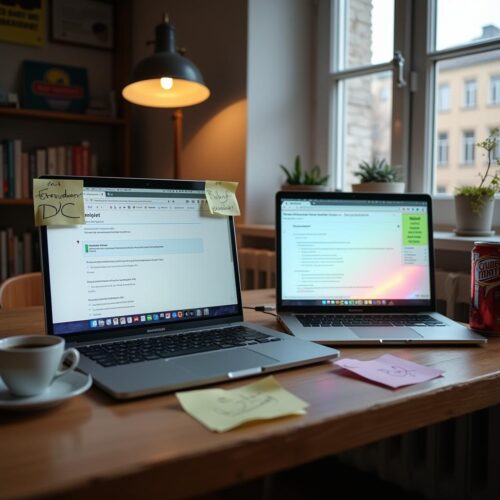 Zwei Laptops zeigen identische Online-Klausuren in einem Studentenapartment.