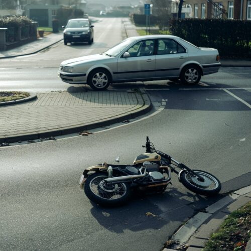 Linksabbiegender silberner Wagen an einer Kreuzung, Motorrad liegt beschädigt daneben, Sicht durch ein anderes Auto behindert.